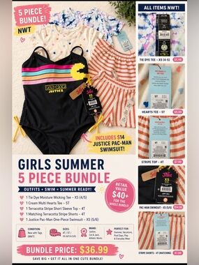 Girls Summer Bundle NWT 5 Piece 4T 5T XS Justice Pac-Man Swimsuit Outfit Deals